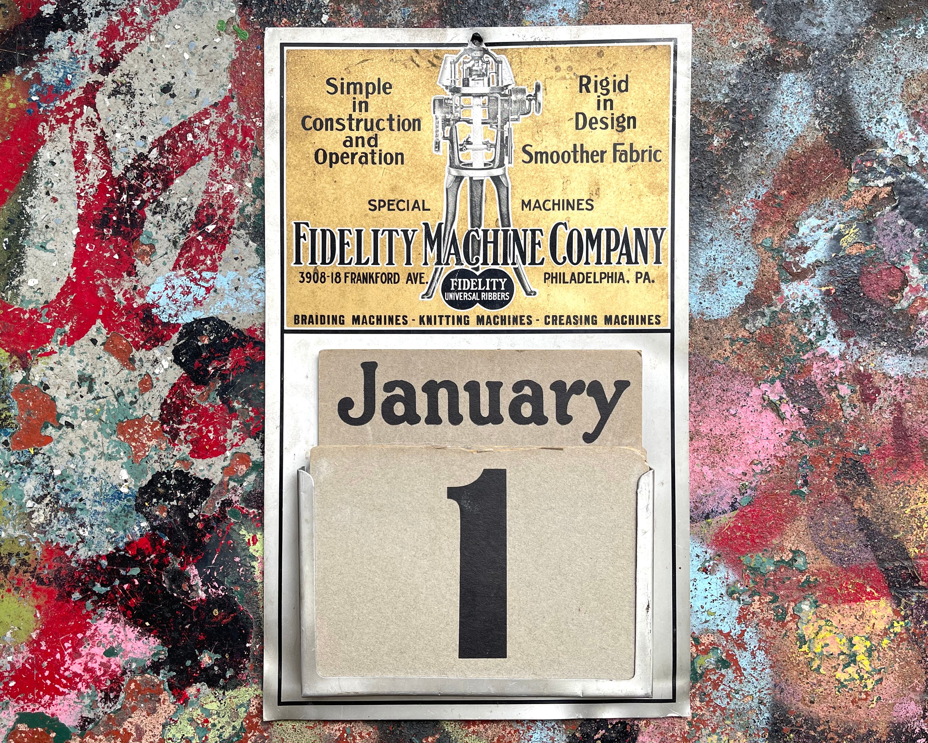 Antique Fidelity Machine Company Perpetual Calendar Sign