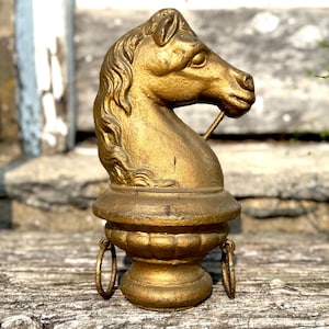 Antique Cast Iron Horse Head Hitching Post with Double Rings, Americana Statue Sculpture, Rustic Country Primitive Home Decor, Folk Art