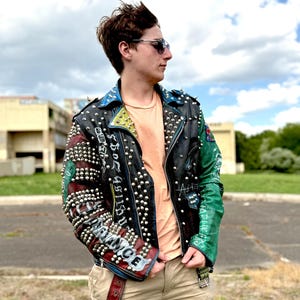 Vintage Studded Leather Jacket: Handmade Painted Punk Rock Coat