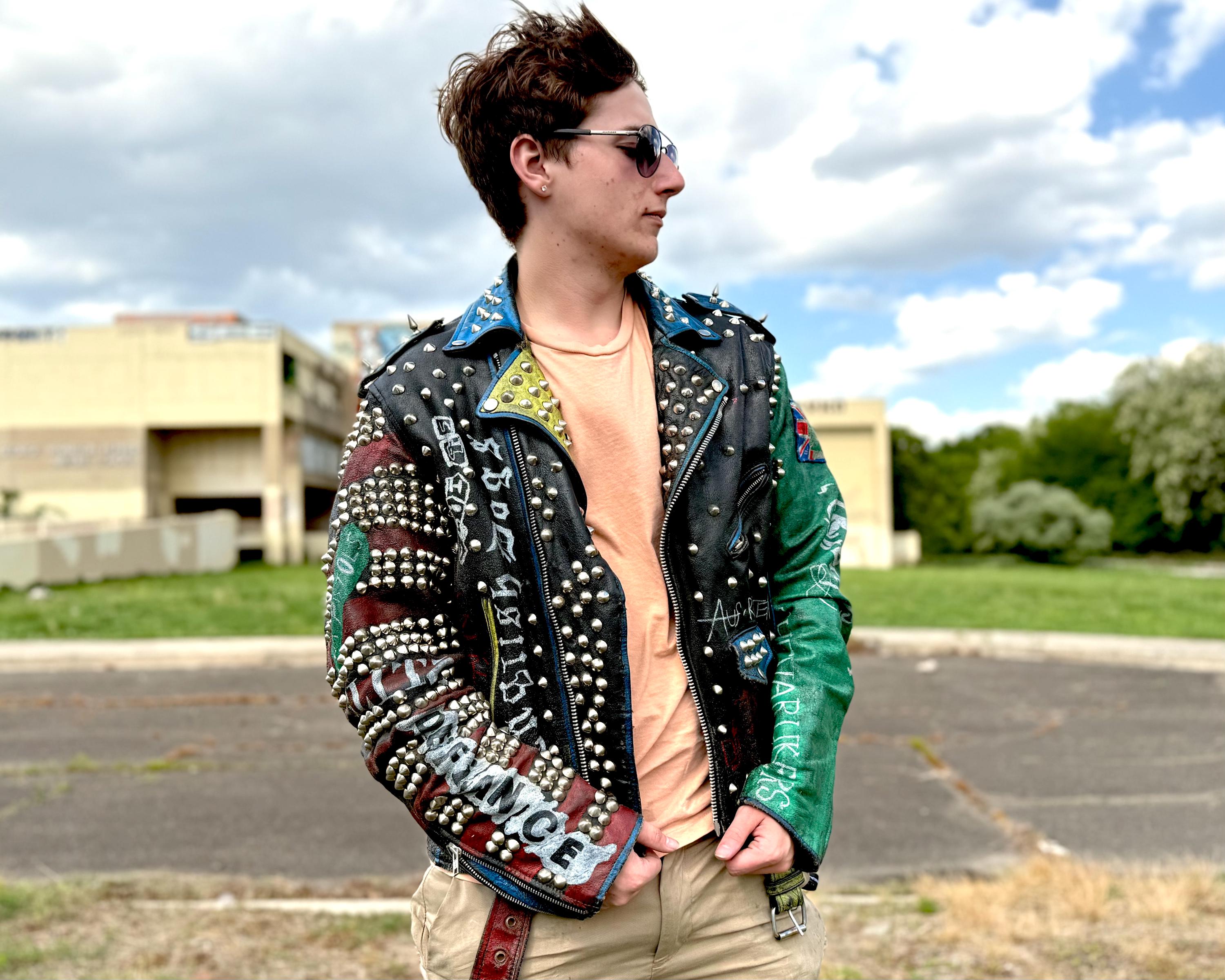 Vintage Studded Leather Jacket: Handmade Painted Punk Rock Coat