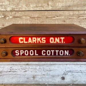 Antique Spool Cabinet, Clarks O.N.T Sewing Cabinet, Reverse Glass Sign, Two Drawer Chest of Drawers, Apothecary Cabinet, Watchmakers Cabinet