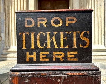 Antique Ticket Box, Early Carnival Movie Theater Drop Box, OLD PAINT SURFACE, Early Trade Sign, Home Theatre Decor