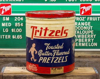 Vintage Tritzels Pretzel Tin, Pretzel Man, Advertising tin, Tin Can, Industrial Home Decor, Vintage Style, AMERICANA, Old Tins, Metal Bucket