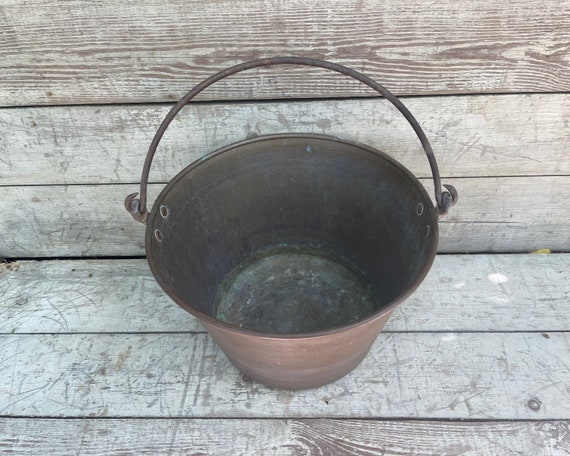 Antique Brass Pot Vintage Wash Pot Basin Farmhouse Antiques Rustic Home  Decor Large Boiling Pot Old Fashioned Iron Handle Primitive 