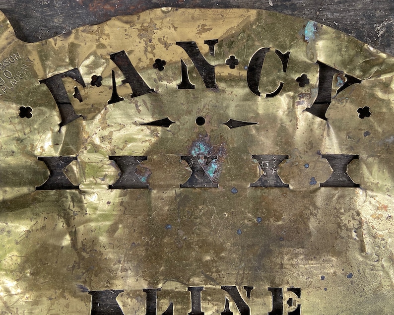 Antique Brass Stencil 1800s Primitive Advertising Decor C.Y KLINE FANCY Collectible Sign Old Fashioned Box Stencil R Ross Park Place NYC