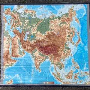 Vintage reliëfkaart, kaart EURASIA, kaart Azië, Midden-Oosten, Europa, GROTE vinylrubber EXTREEM reliëfkaart, kleur gekleurde kaart, decor thuisschool