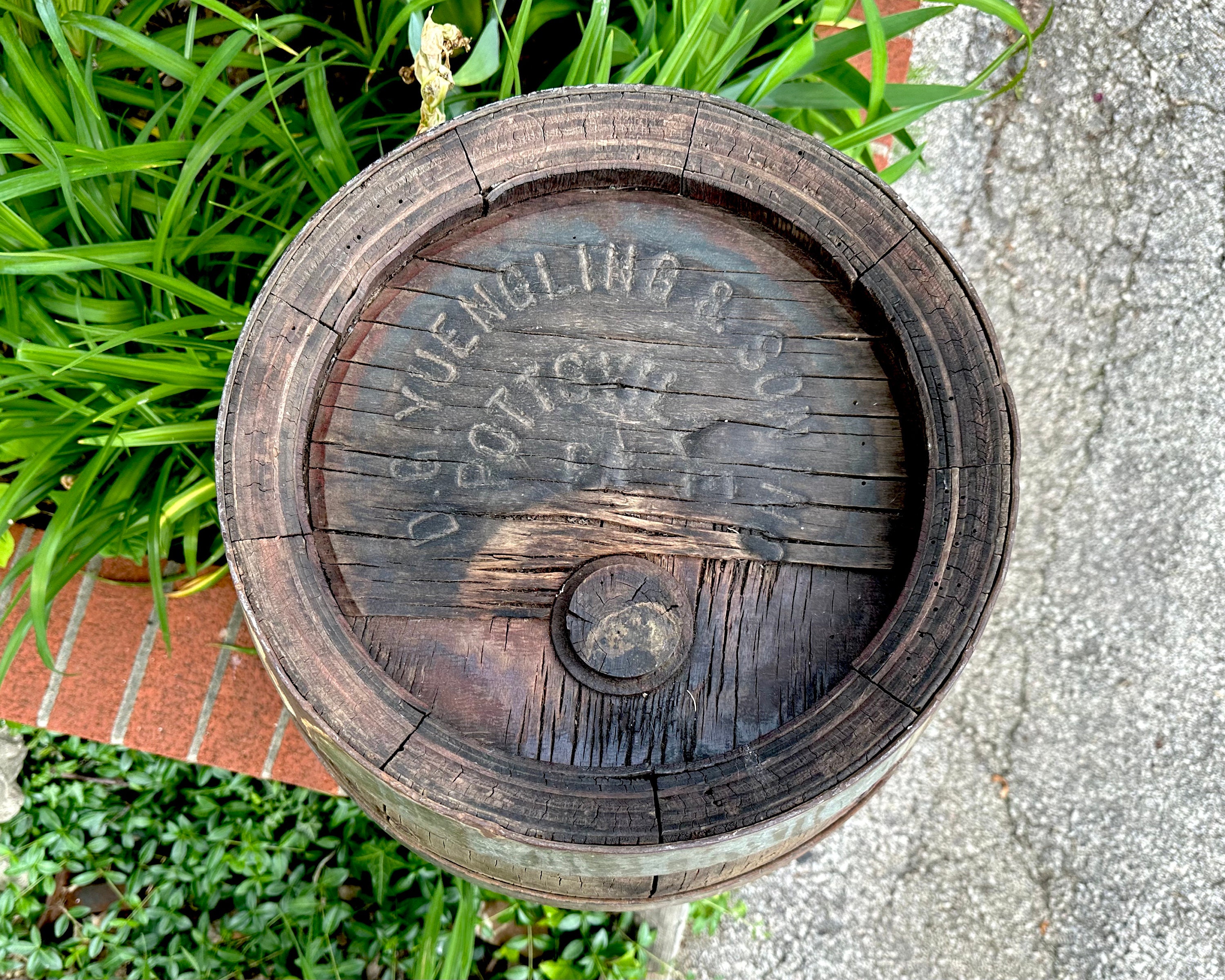 Antique Yuengling Beer Barrel: Rustic Wooden Side Table