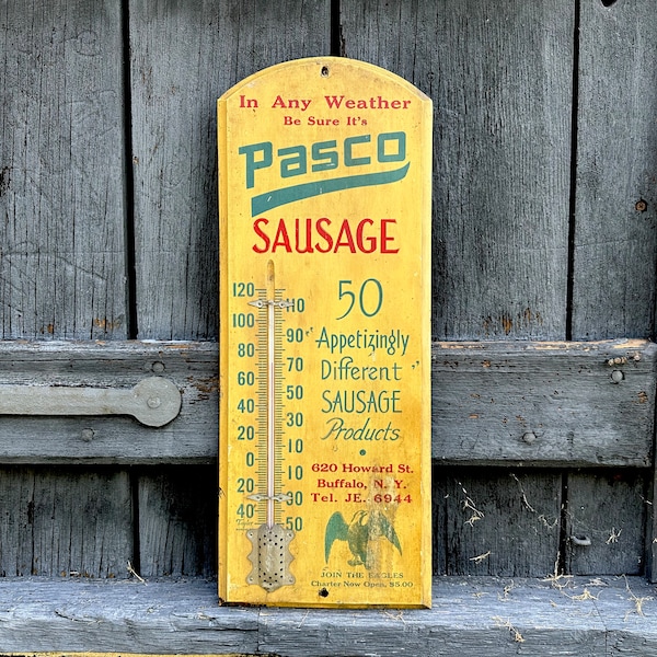 Antique Sausage Advertising Thermometer Sign PASCO Buffalo New York, Antique Wooden Trade Sign, EAGLE GRAPHIC, Wall Hanger, Vintage Decor