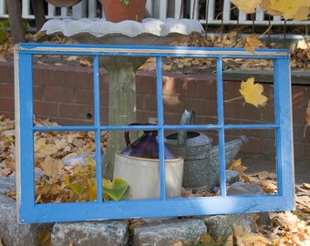 Eight Pane Window 36'' x 21'' Rustic Wooden Window Frame Architectural Salvage Antiques Large Wood Wall Hanger Painted Old Blue Paint Shabby