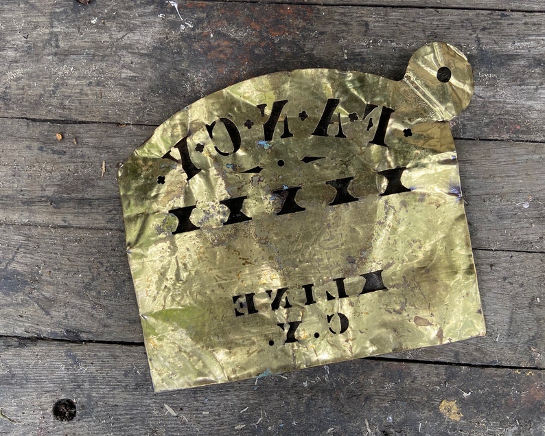 Antique Brass Stencil 1800s Primitive Advertising Decor C.Y KLINE FANCY Collectible Sign Old Fashioned Box Stencil R Ross Park Place NYC