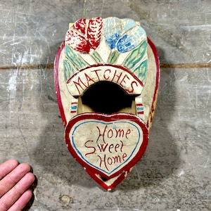 Vintage Wall Box, Wooden Match Holder, FOLK ART PAINTED Pennsylvania Heart, Primitive Home Decor