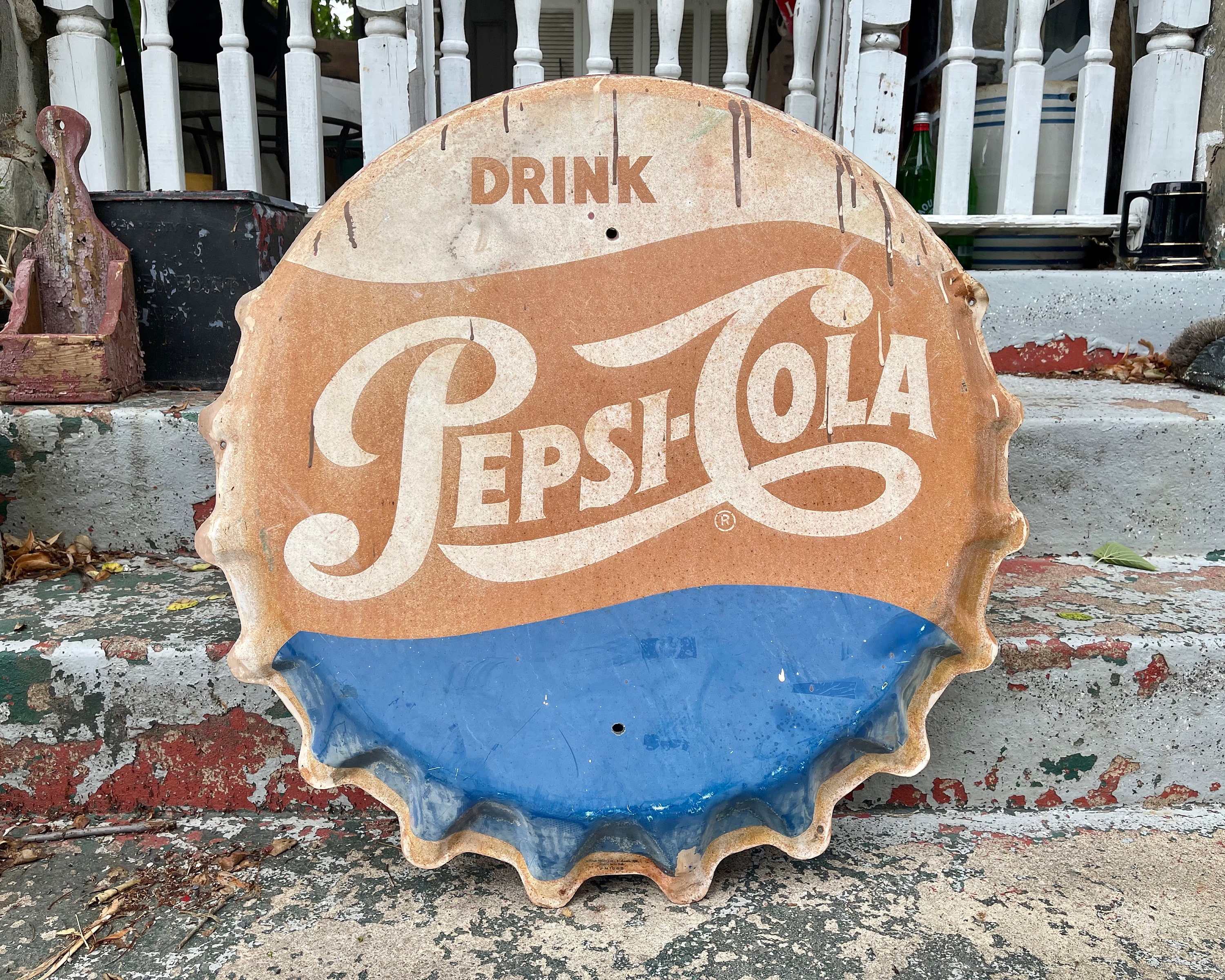 Vintage Pepsi Bottle Cap Sign 31'' Tin Button Large Etsy