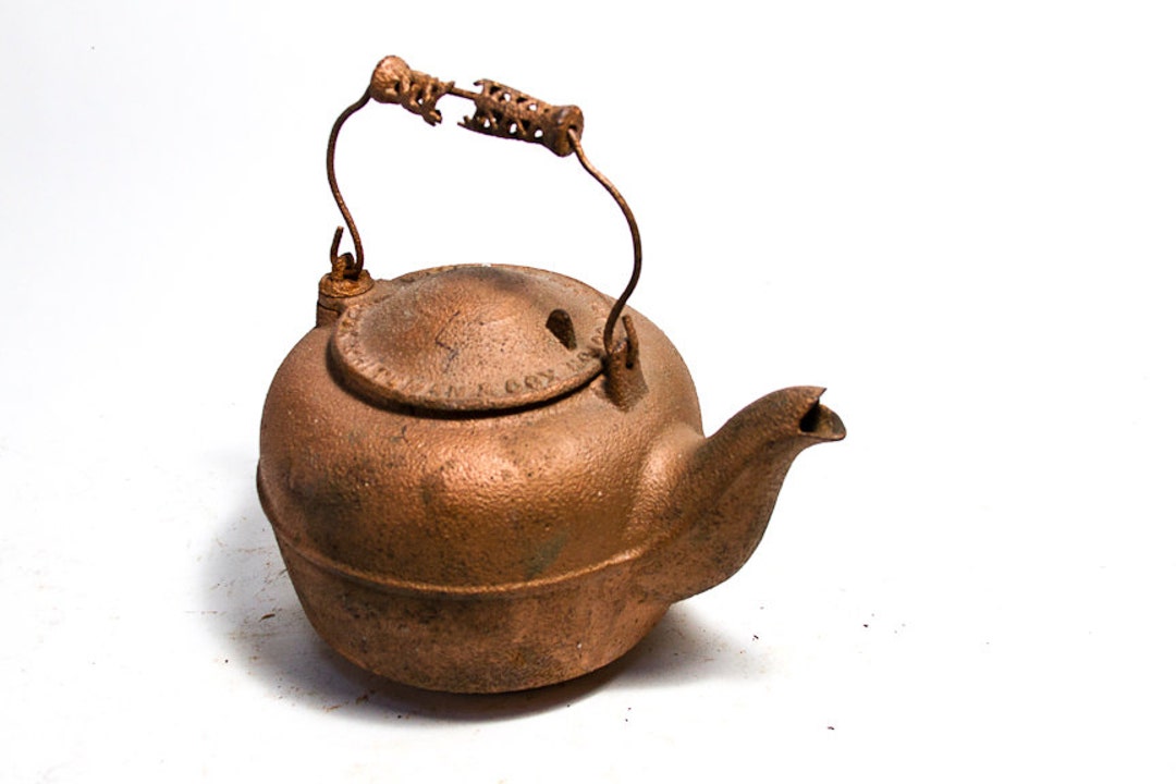 Antique Cast Iron Kettle, Vintage Metal Tea Pot, Rustic Planter, Flower