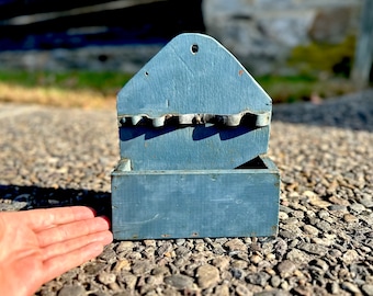 Antique Wooden Wall Pocket Box OLD BLUE PAINT Primitive Shelf Mail Sorter Slot  Vintage Shabby Chic Organizer Rustic Cubby Hanger