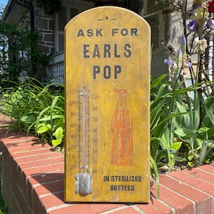 Antiguo Earl&#39;s Soda Pop Termómetro de madera Signo Knox PA Naranja Soda Publicidad Botella Signo Grande Ancho Madera Therm General Store Decor