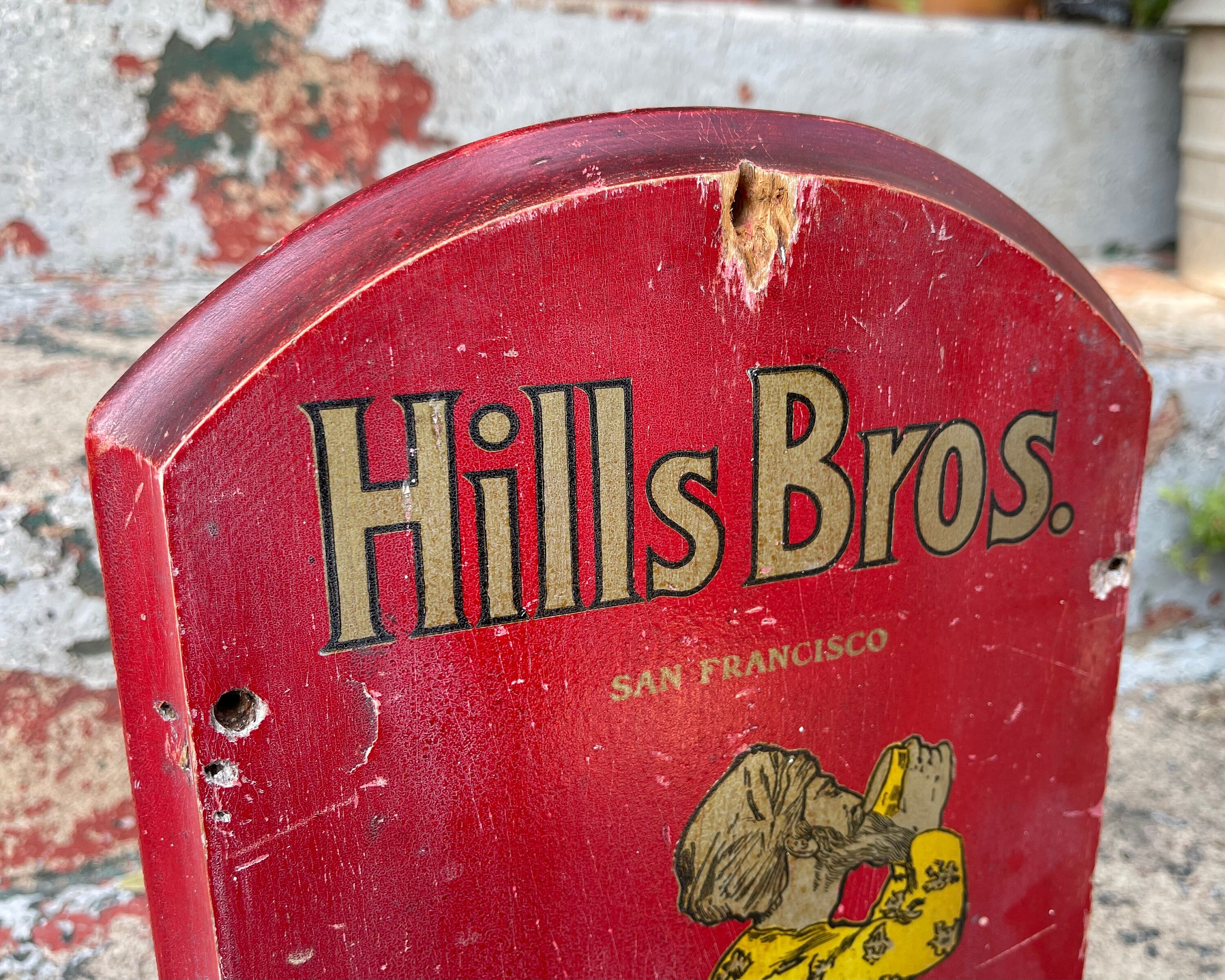 Antique Hills Bros Coffee Wooden Advertising Thermometer