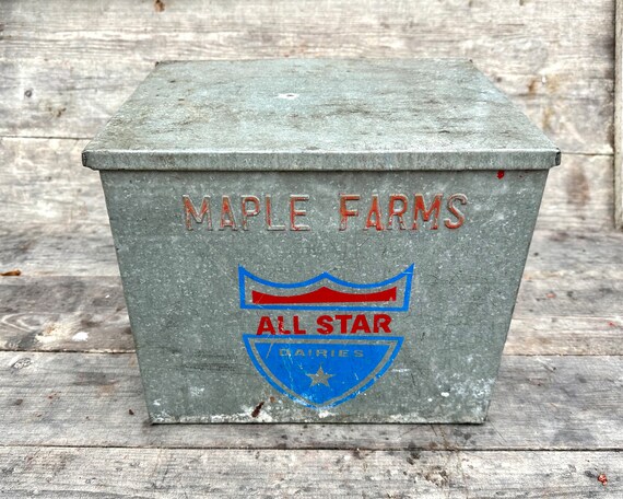 Vintage All Star Dairies Galvanized Milk Box: Maple Farms Rustic