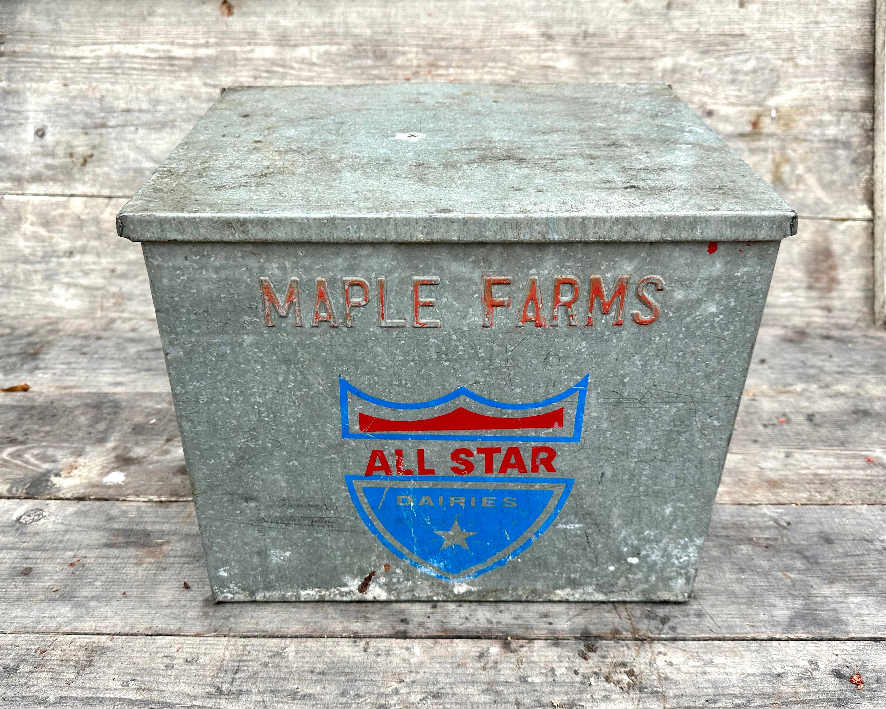 Vintage All Star Dairies Galvanized Milk Box: Maple Farms Rustic
