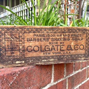 Antique Colgate Barbers Shaving Soap Wooden Crate NEW YORK Advertising Vintage Barber Shop Store Display Wood Box Container Primitive Decor
