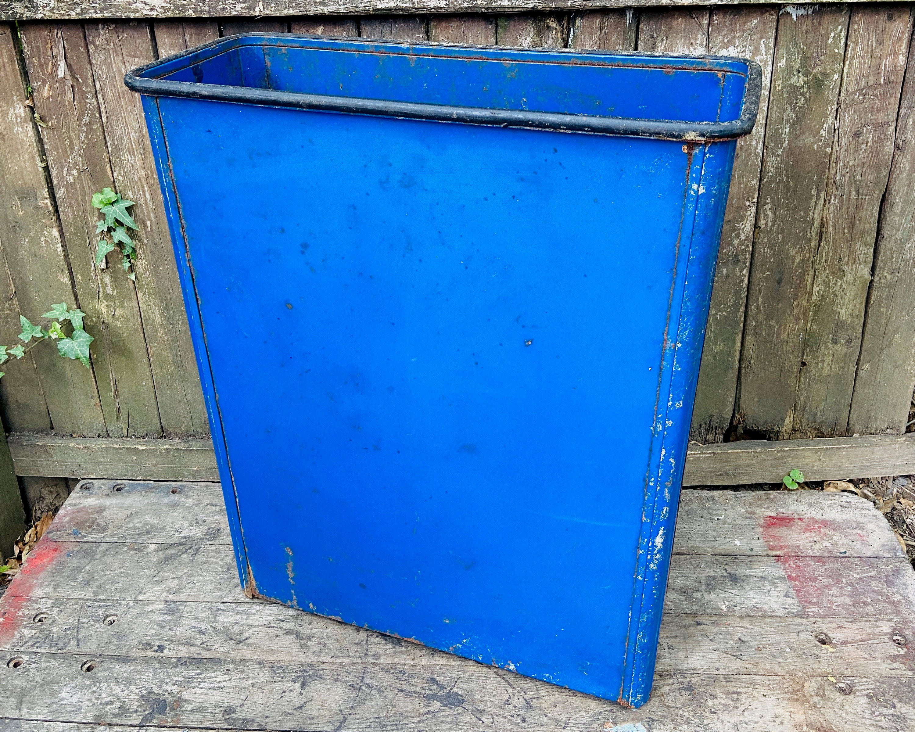 Vintage Blue Metal Trash Can: Mid-century Industrial