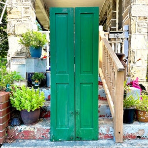 Large Antique Shutters Vintage Pair of Shutters Rustic GREEN PAINTED Shutter Doors Architectural Salvage Antiques Yard Doors Old Panel