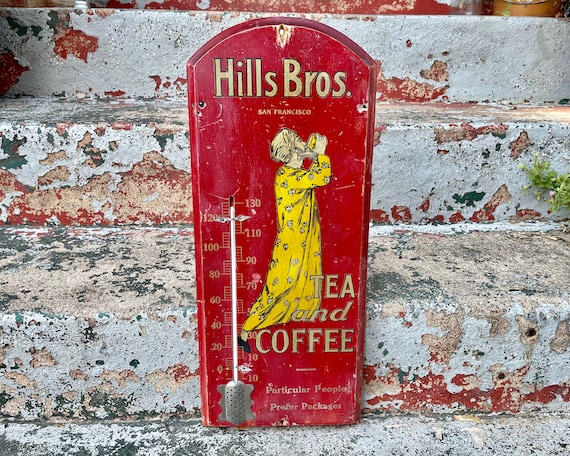 Antique Hills Bros Coffee Wooden Advertising Thermometer