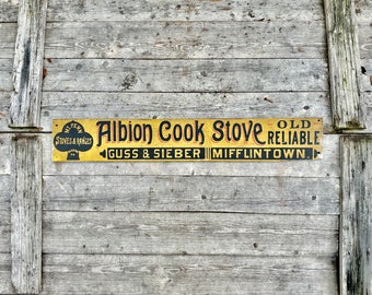 Mt Penn Stoves & Ranges Sign Reading Pa, Albion Cook Stove, 1880s Primitive Antique Wooden Sign, GUSS and SIEBER MIFFLINTOWN Pennsylvania