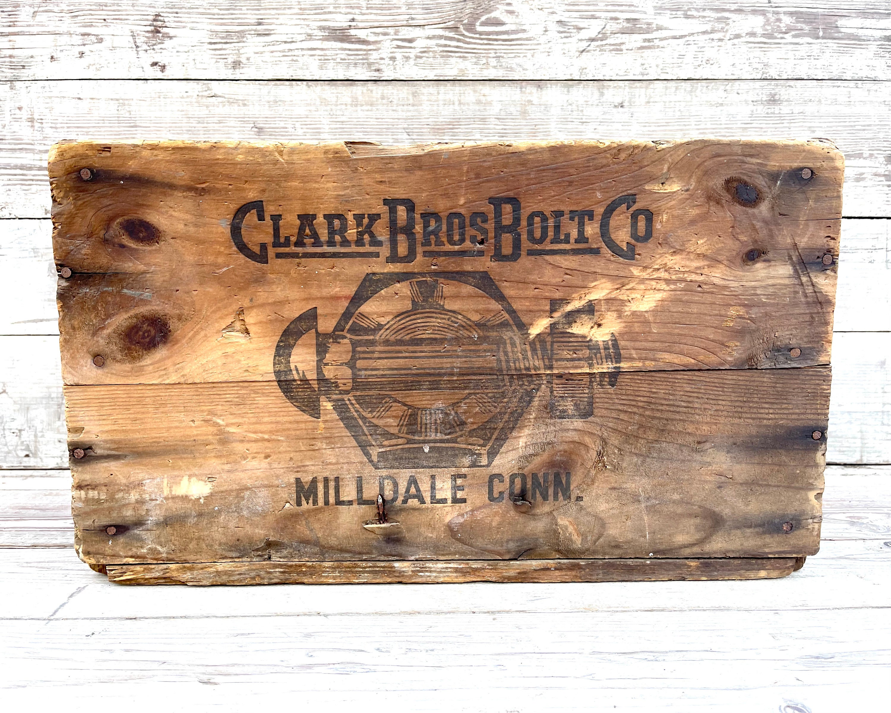 Antique Wooden Advertising Crate: CLARK BROS BOLT Co, Milldale