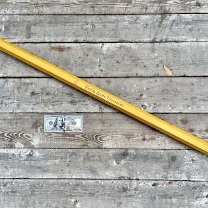 Könnte beinhalten: Ein großer gelber Bleistift mit einem roten Radiergummi auf einer Holzoberfläche. Der Bleistift ist mit "Ferris State University" beschriftet. Ein US-Dollar-Schein liegt auf der Oberfläche.