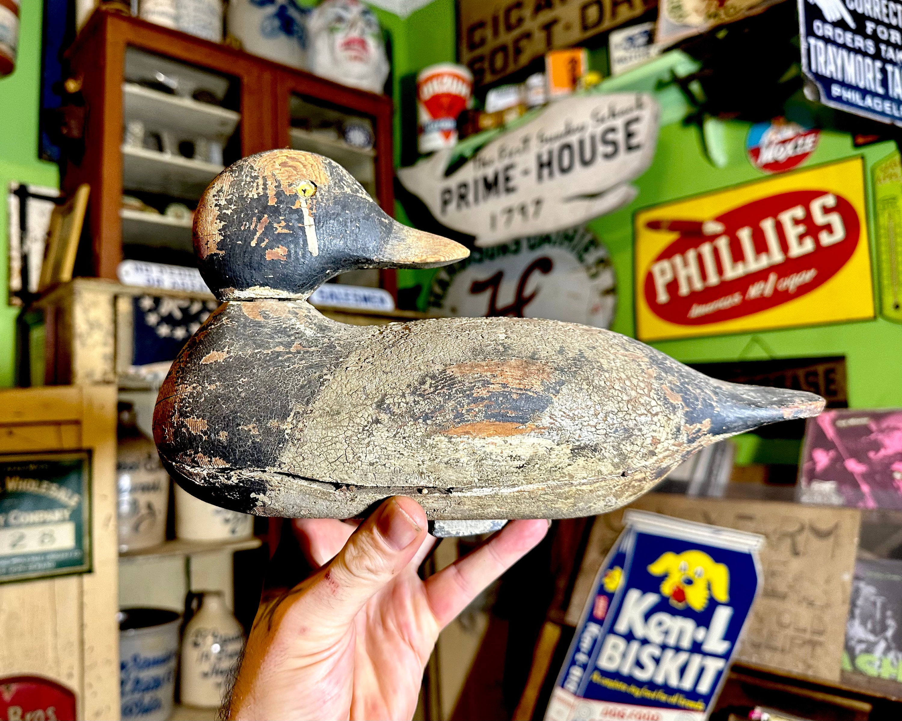 Antique Wooden Duck Decoy: Crazed Paint, Rustic Americana Folk Art
