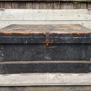 LARGE Antique Wooden Trunk Strong Box Bullion Box Gang Box Latch Drawers Metal Bound Wood Coffee Table Rustic Industrial Home Decor Chest