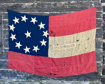 Antique Civil War Flag STARS AND BARS 12 Star Secession Flag 7 1/2' ft x 55'' Extra Large Vintage Flag Wall Hanging Decor Navy Naval Flag