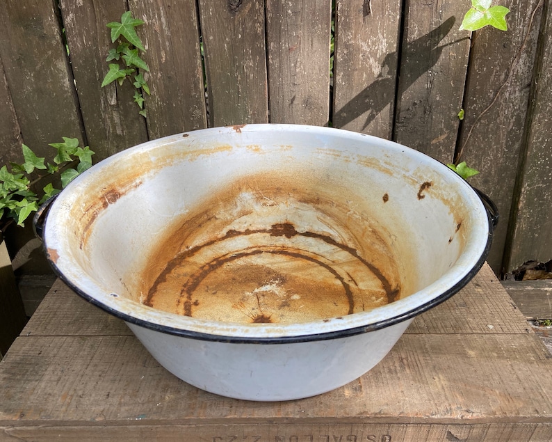 Antique Wash Pot Enamelware Tub Porcelain Primitive Metal Bowl Etsy