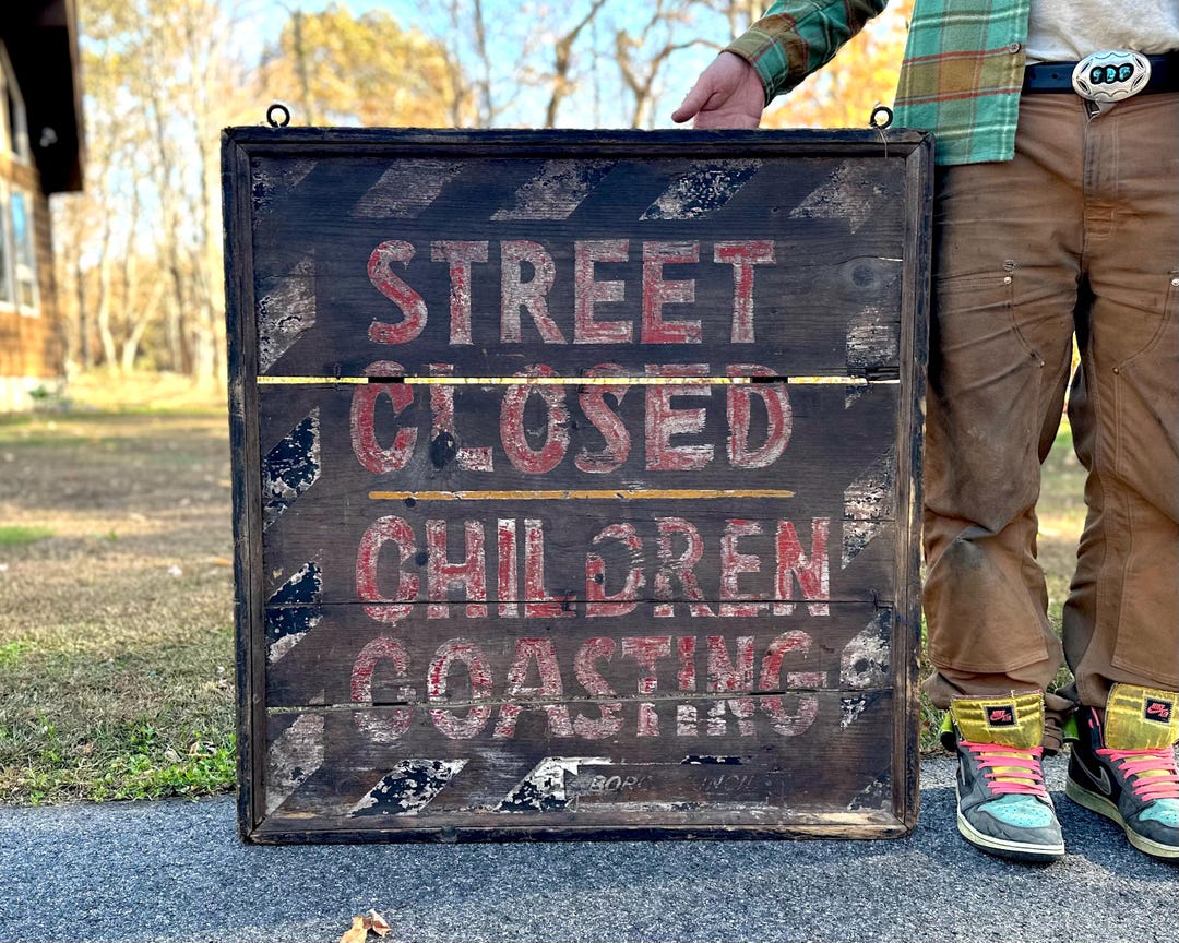 CHILDREN COASTING Antique Sign, Early American Wooden Hanging Sign ...