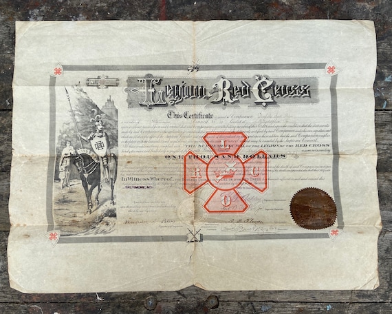 digitech death l Made In USA貴重当時の書類付 Antique Death Certificate 1000 Dollars Legion of the Red Cross