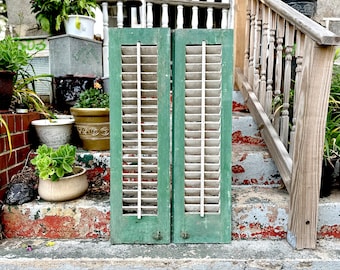 Antique Louvered Shutters: Chippy Green Rustic Garden Decor (39.5x11&#39;&#39;)