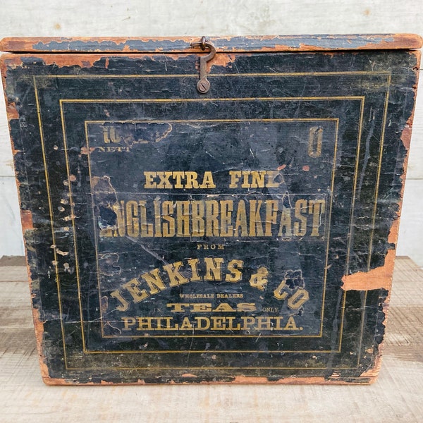 Antique Tea Crate from Philadelphia, 1700s Tea Box JENKINS & CO English Breakfast Teas, Vintage Old City Advertising Grocery General Store