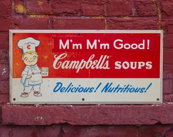 Vintage Campbell's Soups Sign Mid Century Kitchen Decor Wall Art Campbell's Soup Kids Sign Tin Sign Old Fashioned Advertising Wall Hanger
