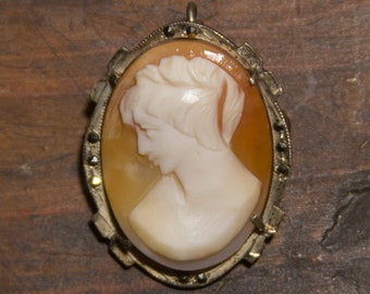 Antique Carved Shell Cameo Brooch Pendant Woman Hand Carved 800 Silver Collectible Estate Jewelry Vintage Pin Victorian Era Old Hand Made