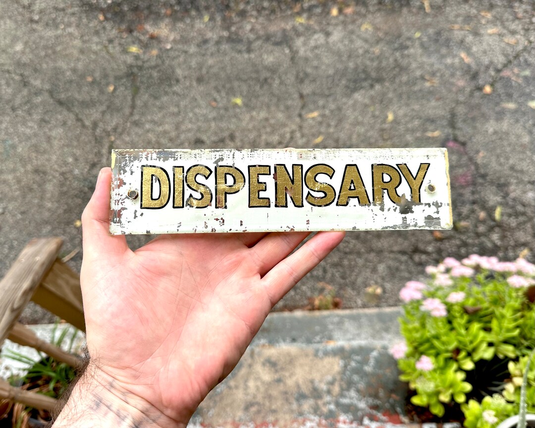 Dispensary Sign, Antique Reverse Painted Glass Dispensary Sign, Gold