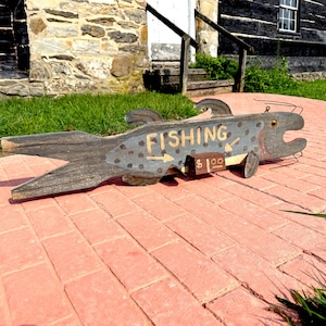 Vintage Wooden Fish Sign, Bait & Tackle Shop Fishing Sign, Primitive Nautical Home Decor, Maritime Cabin Cottage Folk Art Sculpture