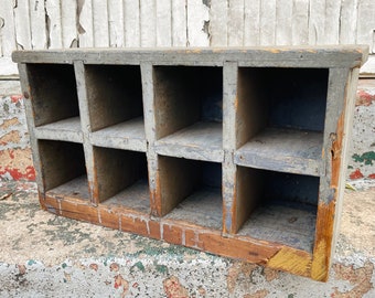 Vintage Wooden Shadow Box Primitive Painted Antique KEY HOLDER Slotted Cubby Hole Cabinet Mail Sorter Printers Drawer Crate Shabby Old Paint