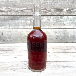 Antique Whiskey Bottle Greens Hotel Rye Whiskey Philadelphia PA Saloon Back Bar Bottle, Advertising Sign, Pub Vintage Glass Bottle Decanter
