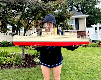 Vintage Wooden Boat 39&#39;&#39;, Large Folk Art CICADA Americana Steam Powered Boat Model, Wood Toy Ship, NAUTICAL Home Decor Beach House EXTRA Big