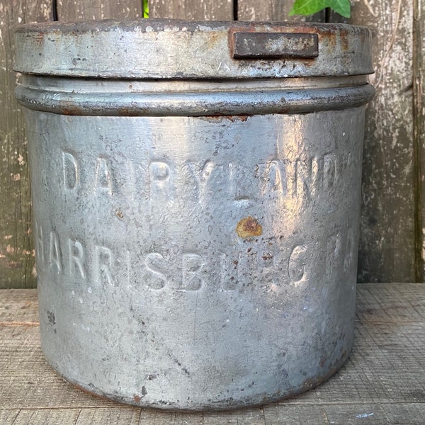 Vintage Milk Can Antique Dairy Land Ice Cream Can HARRISBURG PA Rustic Home Decor Antique Garden Decor Outdoor Decorations Old Farm House