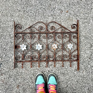 Vintage Gate, Victorian Garden Gate, 1800s Window Cover Bars, FLOWER and HEART Fence, Wrought Iron Gate, Architectural Salvage, Wall Art