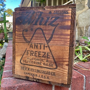 Antique WHIZ Wooden Crate CAMDEN NJ Hollingshead Co Antifreeze Gas and Oil Petroliana Old Gas Station Wood Box Advertising Storage Bin