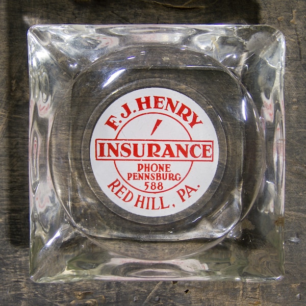 Vintage Glass Ash Tray, Advertising Ashtray, Old Phone Number, F.J HENRY Insurance Pennsburg Red Hill Pennsylvania, Office Desk Decor