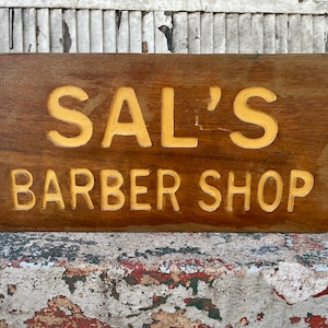 Wooden Barber Shop Sign, Sal&#39;s Barber Shop, Wood Advertising Sign, Trade Sign, Home Decor