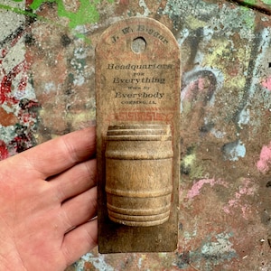 J. W. Biggar Corning Iowa Antique Advertising Match Holder Sign, Whiskey Barrel Decor, Wall Hanging Decor, Vintage Workwear Clothing Fashion